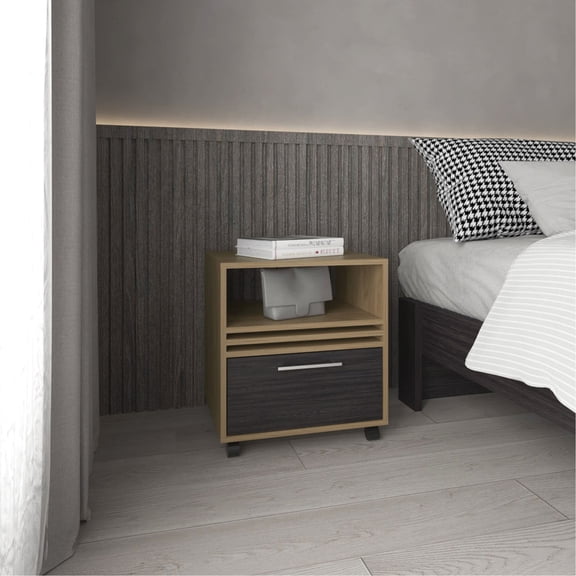 Nightstand with Drawer, Wheels and Shelving | Store Things and Display Books, Adjustable Movement | TSCA Compliant Engineered Wood | Solves Bedroom Space Limitation