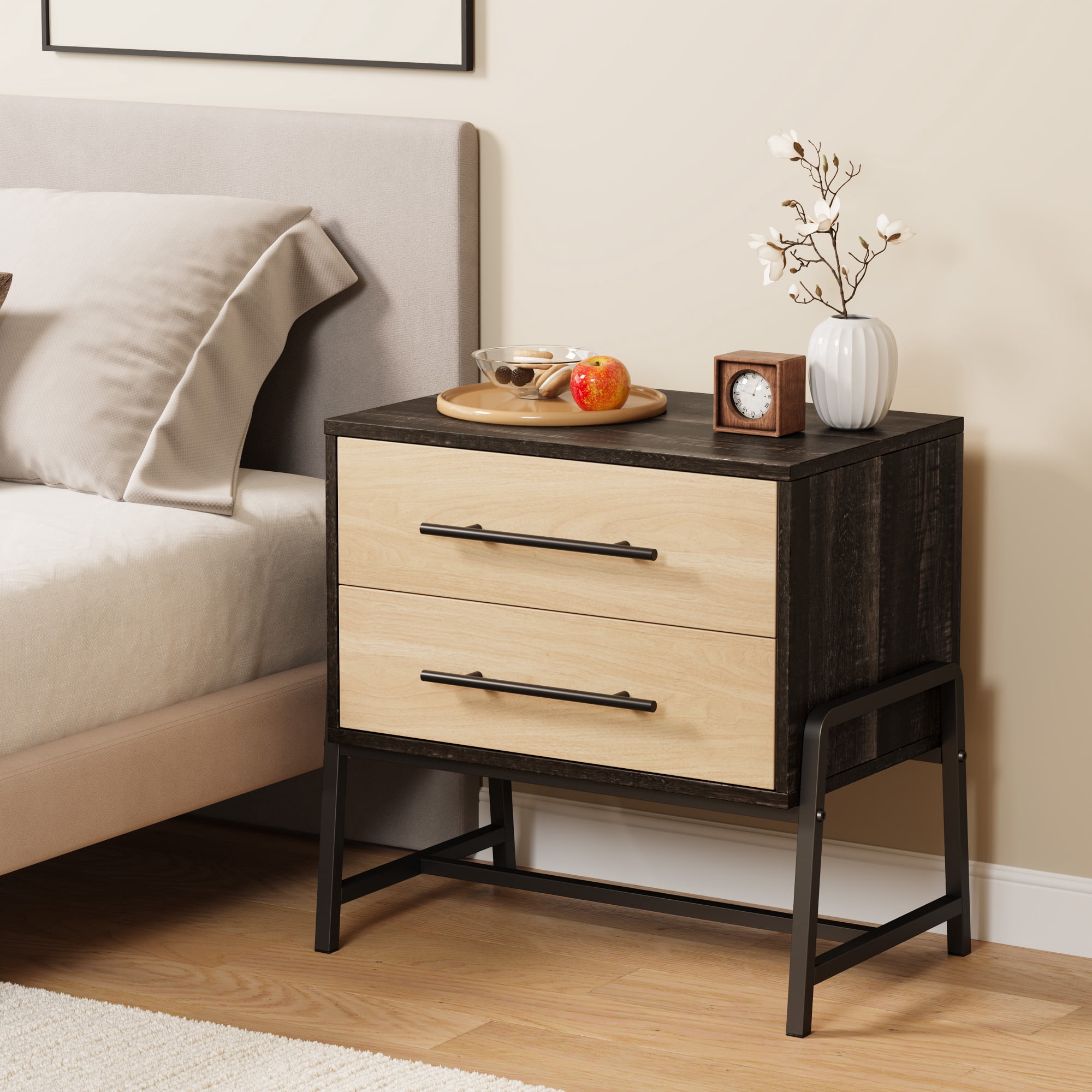 Nightstand with Drawers, Bedside Table with Storage, Light Wood End ...
