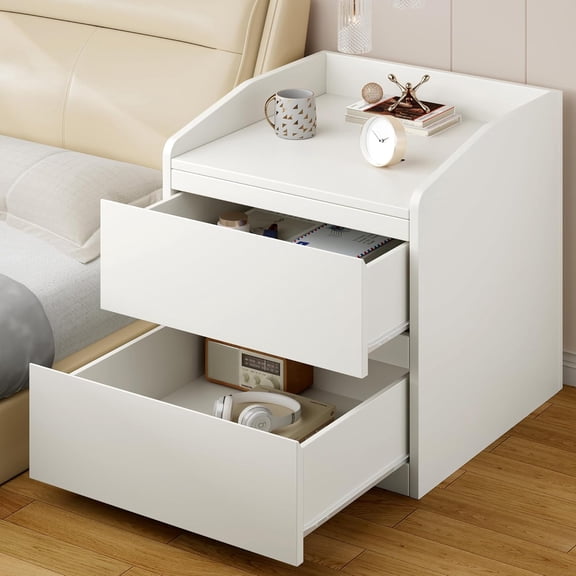 Nightstand with Drawers Bedside Table White End Table Modern Bed Side Table 2 Drawers Night Stand Drom Side Table Curved with Handle Free Design for Living Room