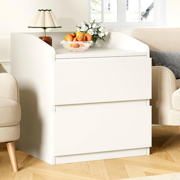 Nightstand with Drawers Bedside Table White End Table Modern Bed Side Table 2 Drawers Night Stand Drom Side Table Curved with Handle Free Design for Living Room