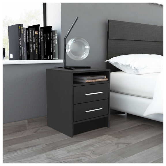 Nightstand with Drawers, End Table, Side Table - Black Modern Bedside Table Black + 2 Drawers + Bedroom + Rectangle + Modern + Shelf + Particle Board + Particle Board