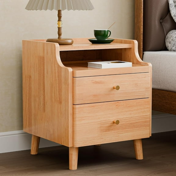 Nightstand with Drawers, Pre-Assembled, Natural Solid Wood Night Stand with Open Sliding Shelf, Mid Century Modern Small Bedside Table Cabinet for Bedroom, End Side Table, Natural Oak