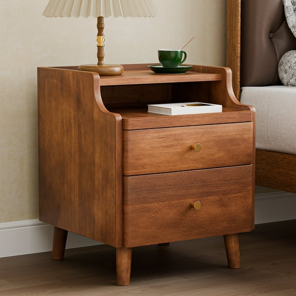 Nightstand with Drawers, Pre-Assembled, Natural Solid Wood Night Stand with Open Sliding Shelf, Mid Century Modern Small Bedside Table Cabinet for Bedroom, End Side Table, Walnut