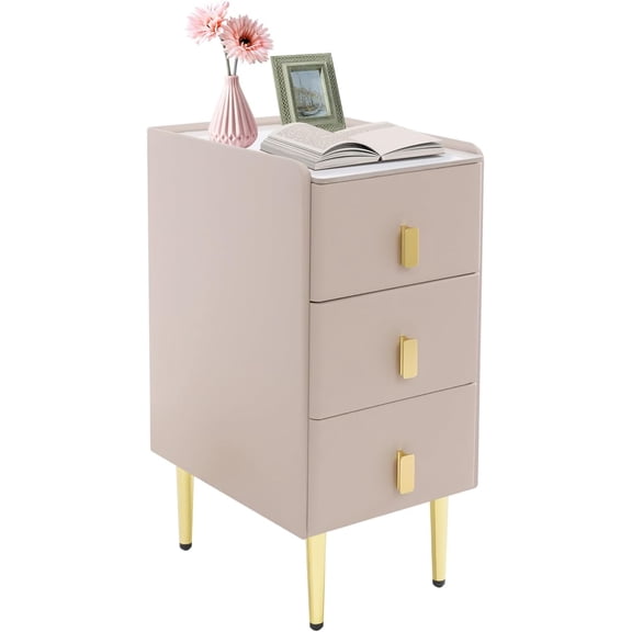 Nightstand with Drawers Small Dresser for Bedroom Narrow End Side Tables PU Bedside Cabinet Storage Dresser Organizer Night Stand with Metal Legs for Entryway Dorm (Pink)