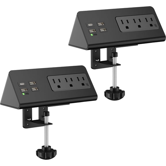 Nightstand Edge Mount Power Strip with USB-C Ports Tabletop Surge Protector Desk Clamp Power Sockets with 3 AC Outlets &4 Fast Charging USB Ports for Home Office Hotel and Dormitory (Black(2-Pack))