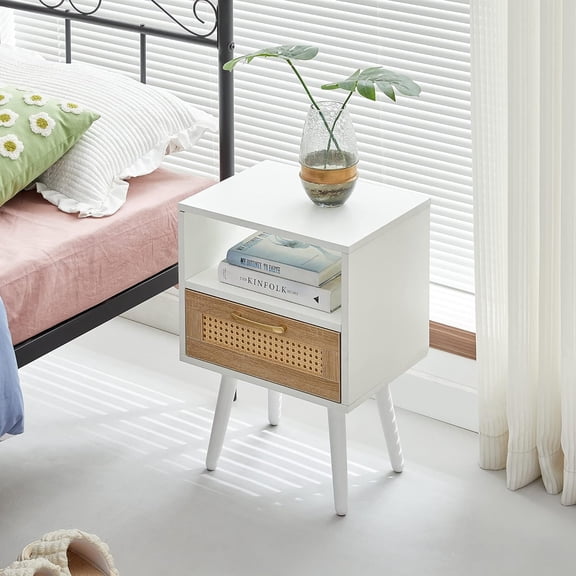 Nightstand, End Table Bedside Table with Rattan Decor Drawer & Solid Wood Legs, Wood Accent Table with Storage for Bedroom, White