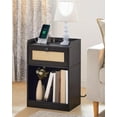thumbnail image 1 of Nightstand, End Table with Charging Station, Side Table with Rattan-Style Drawer and Storage Shelf, Modern Sofa Table with 1 AC Outlet and 2 USB Ports, for Bedroom, Black MBZ01UBB, 1 of 9