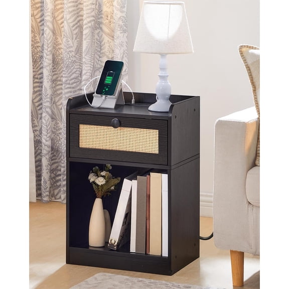 Nightstand, End Table with Charging Station, Side Table with Rattan-Style Drawer and Storage Shelf, Modern Sofa Table with 1 AC Outlet and 2 USB Ports, for Bedroom, Black MBZ01UBB