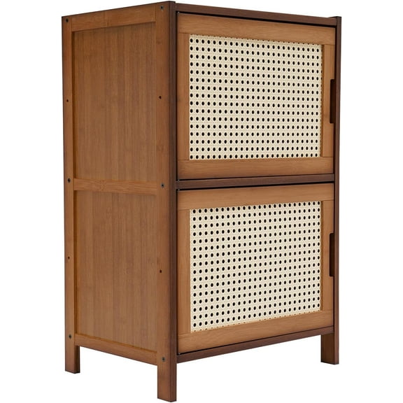 Nightstand End Table Drawers with 2 Storage and Rattan Wicker Retro Modern Nightstand Rattan Bed Side Table with Solid Natural Bamboo Feet, for Bedroom, Living Room, Apartment (Dark Brown)