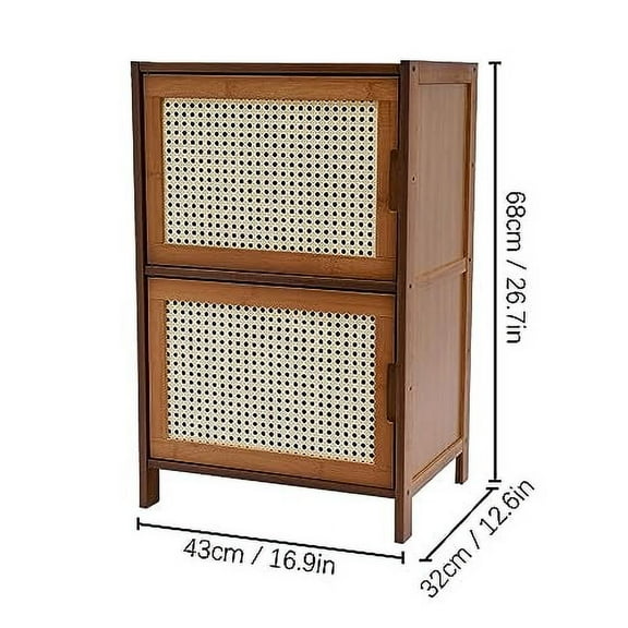 Nightstand End Table Drawers with 2 Storage and Rattan Wicker Retro Modern Nightstand Rattan Bed Side Table with Solid Natural Bamboo Feet, for Bedroom, Living Room, Apartment (Dar