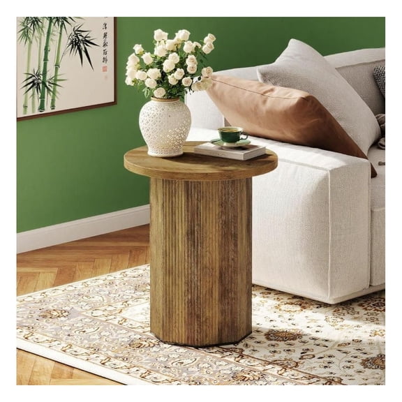 Nightstand End Table, Round Pedestal Side Table, Retro Sofa Table with Storage, Small Accent Table for Bedroom Living Room, 19.7" Wood Accent Table