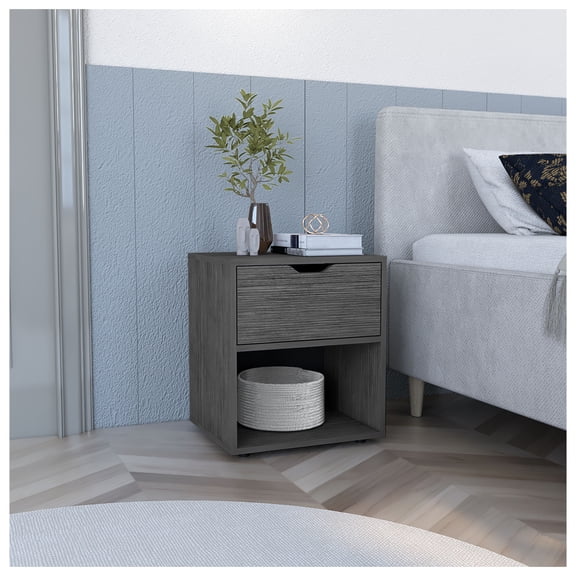 Nightstand End Table with Shelf, 19.7" High, Light Gray - Compact Bedroom Living Room Side Table with Drawer, 4 Legs, Laminated Particle Board Light Gray + Particle Board + Pine