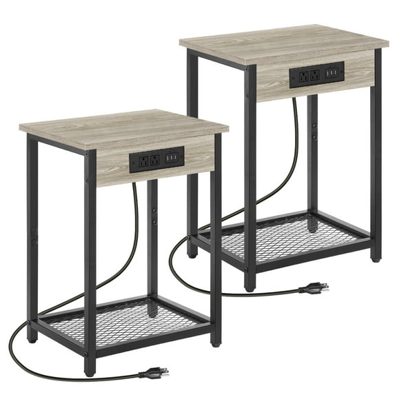 Oumilen Adult Nightstand End Table with Charging Station Gray, Set of 2