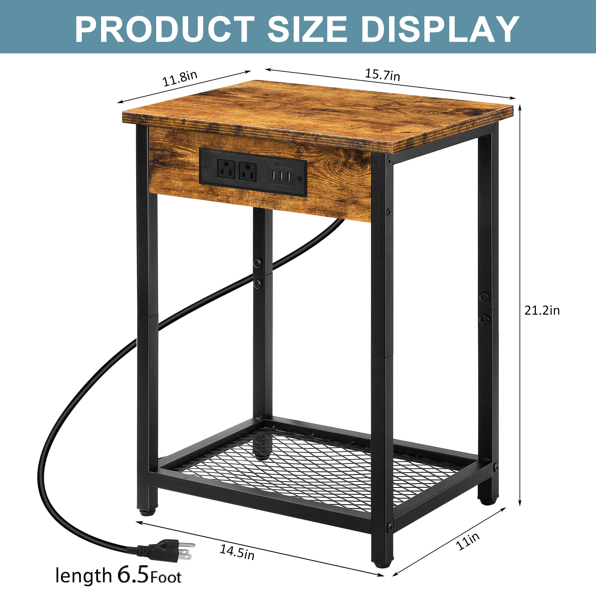 Oumilen Adult Nightstand End Table with Charging Station Rustic Brown, Set of 2