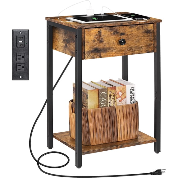 Oumilen Adult Nightstand End Table with Charging Station, USB Ports, Drawer and Storage Shelf, Rustic Brown