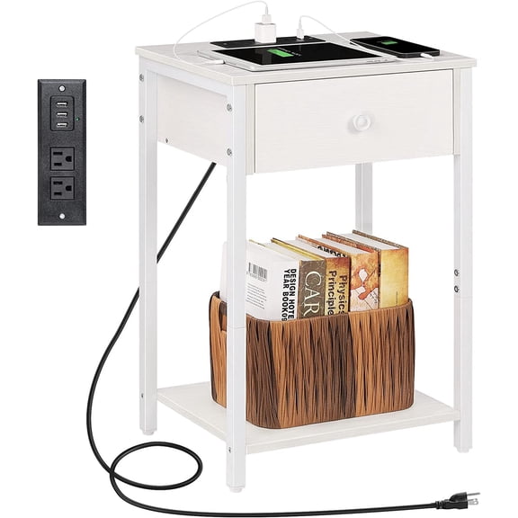 Nightstand End Table with Charging Station, USB Ports, Drawer and Storage Shelf, White