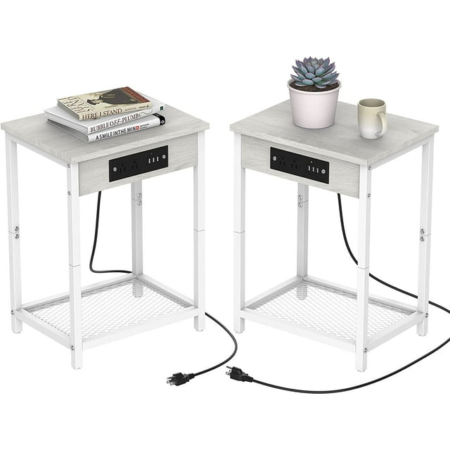 Nightstand End Table with Charging Station White, Set of 2