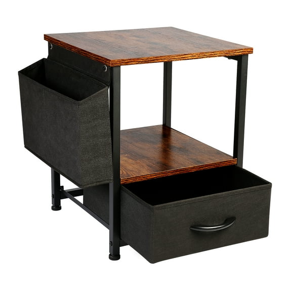 Nightstand with Fabric Drawer and Side Pocket, Rustic Bedside Table with 2-Tier Storage Shelf for Bedroom Living Room, End Table with Steel Frame and Wood Top, Easy Assembly
