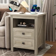 Farmhouse Nightstand with Charging Station, Bedside Table with Drawer, Nightstand with Storage Shelves, End Tables for B