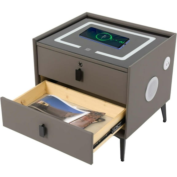 Nightstand with Fingerprint Lock Drawer, Smart Nightstand with Wireless Charging/USB Port, Bluetooth Speaker Side Table with Storage Drawers, Equipped with 3-Colour Ambient Light