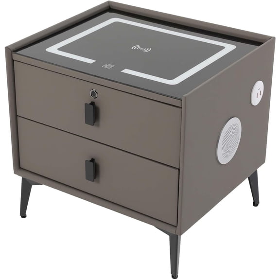 Nightstand with Fingerprint Lock Drawer Smart Side Table with Wireless/USB Charging&LED Lights Bluetooth Speaker End Table with 2 Storage Drawers for Bedroom, Living Room(Dark Grey)