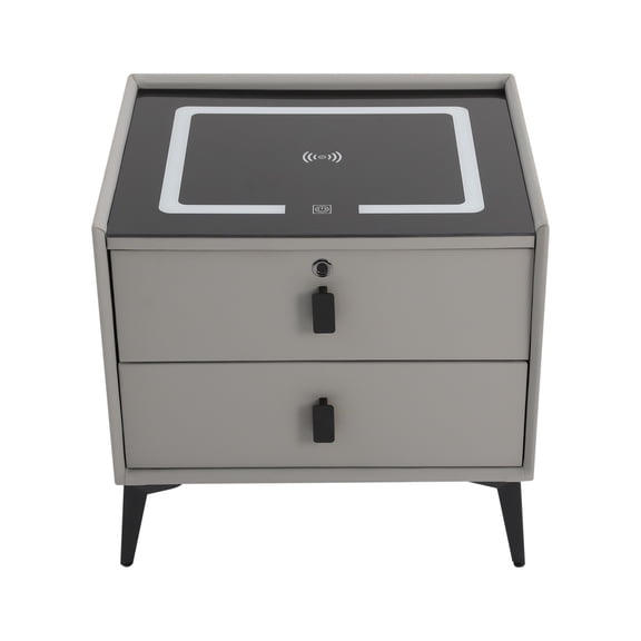 Nightstand with Fingerprint Lock Drawer Smart Side Table with Wireless/USB Charging&LED Lights + Speaker End Table 2 Storage Drawers for Bedroom Living Room(Light Grey)