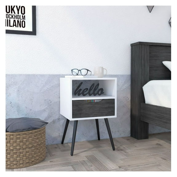 Nightstand Fugaz - Smokey Oak & White, 1 Drawer, Open Shelf - Bedside Table with Legs, 20.9" Top - Modern Bedroom Furniture