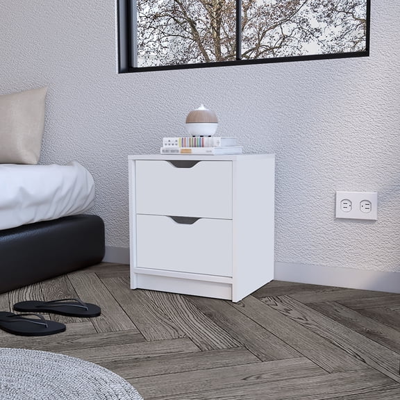 Nightstand Gandu, White Finish, Two Drawers Perfect for Bedroom or Living Room
