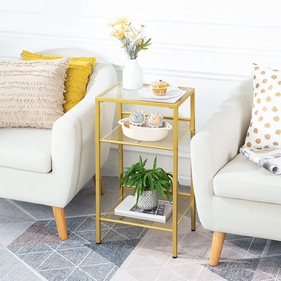 Nightstand + Gold 3-Tier Side Table Tall Telephone Table with Tempered Glass and Mesh Shelves, Multi-Purpose for Living Room, Bedroom, Home, Apartment