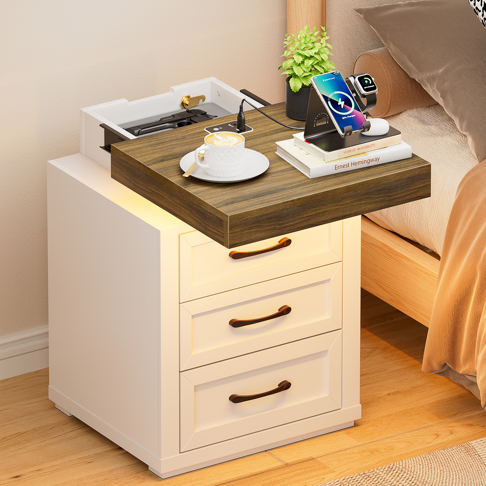 Nightstand with Gun Drawer, Farmhouse End Table with Charging Station