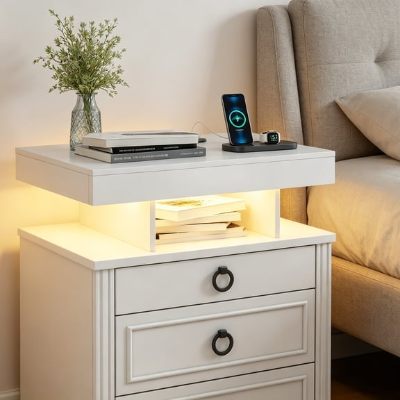 Nightstand with Gun Drawer, LED Bedside Table with Charging Station, Night Stand with Human Sensor Design and 3 Open Shelves, Modern End Table for Bedroom, White