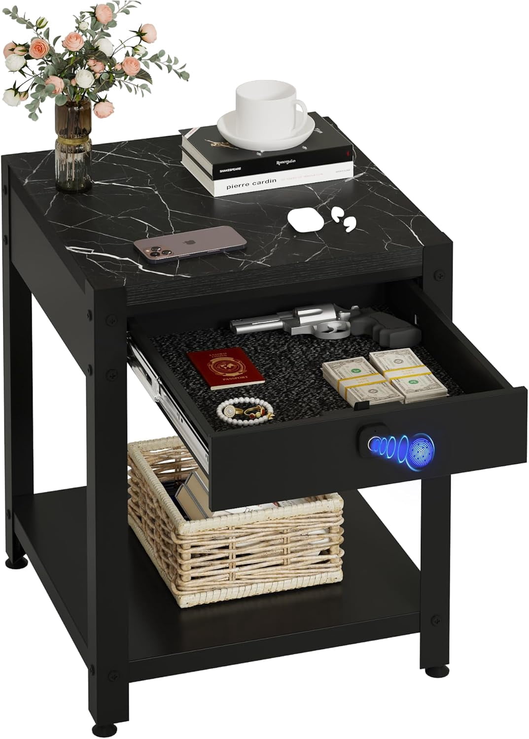 Nightstand Gun Table with Hidden Locking Compartment, Smart Fingerprint Gun End Table, Secure Storage Cabinet for Handguns and Valuables, Quick Access Small storage coffee table for Bedroom or Office