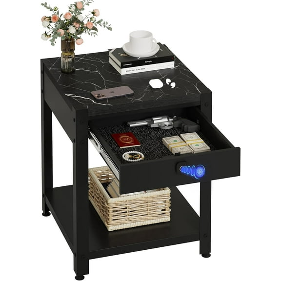 Nightstand Gun Table with Hidden Locking Compartment, Smart Fingerprint Gun End Table, Secure Storage Cabinet for Handguns and Valuables, Quick Access Small storage coffee table for Bedroom or Office