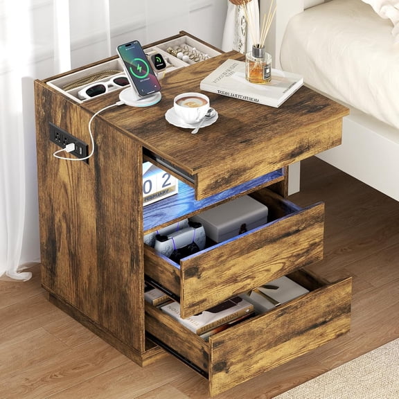 Nightstand with Hidden Compartment & USB/Type-C Charging Station - Locking Night Stand with Gun Drawer, LED Lights, Bedside Table for Bedroom or Office, Secure Hidden Storage, Rustic Brown
