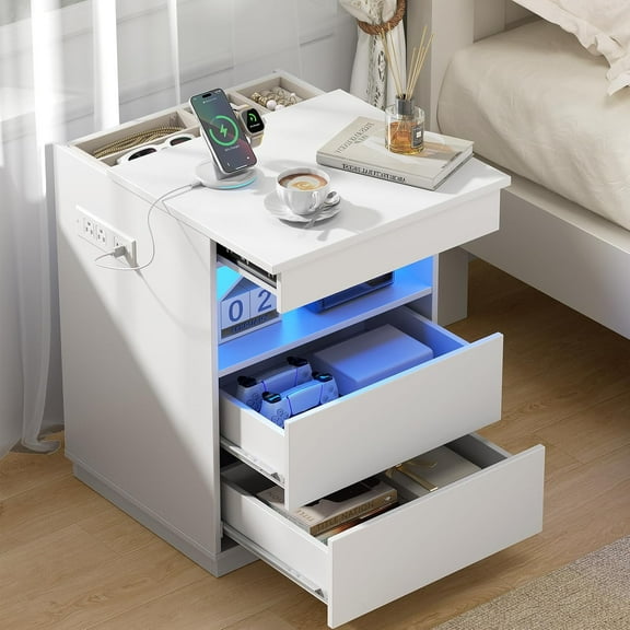 Nightstand with Hidden Compartment & USB/Type-C Charging Station - Locking Night Stand with Gun Drawer, LED Lights, Modern Bedside Table for Bedroom or Office, Secure Hidden Storage, White