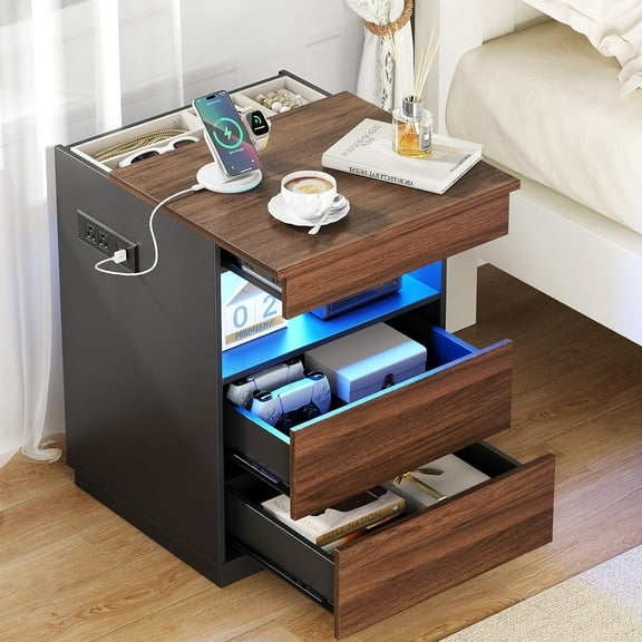 Nightstand with Hidden Compartment & USB/Type-C Charging Station - Locking Night Stand with Gun Drawer, LED Lights, Modern Bedside Table for Bedroom, Secure Hidden Storage,Rustic Brown