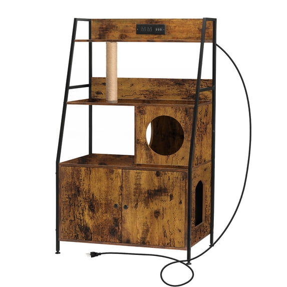 Nightstand Hidden Litter Box Side Table with Charging Post Brown