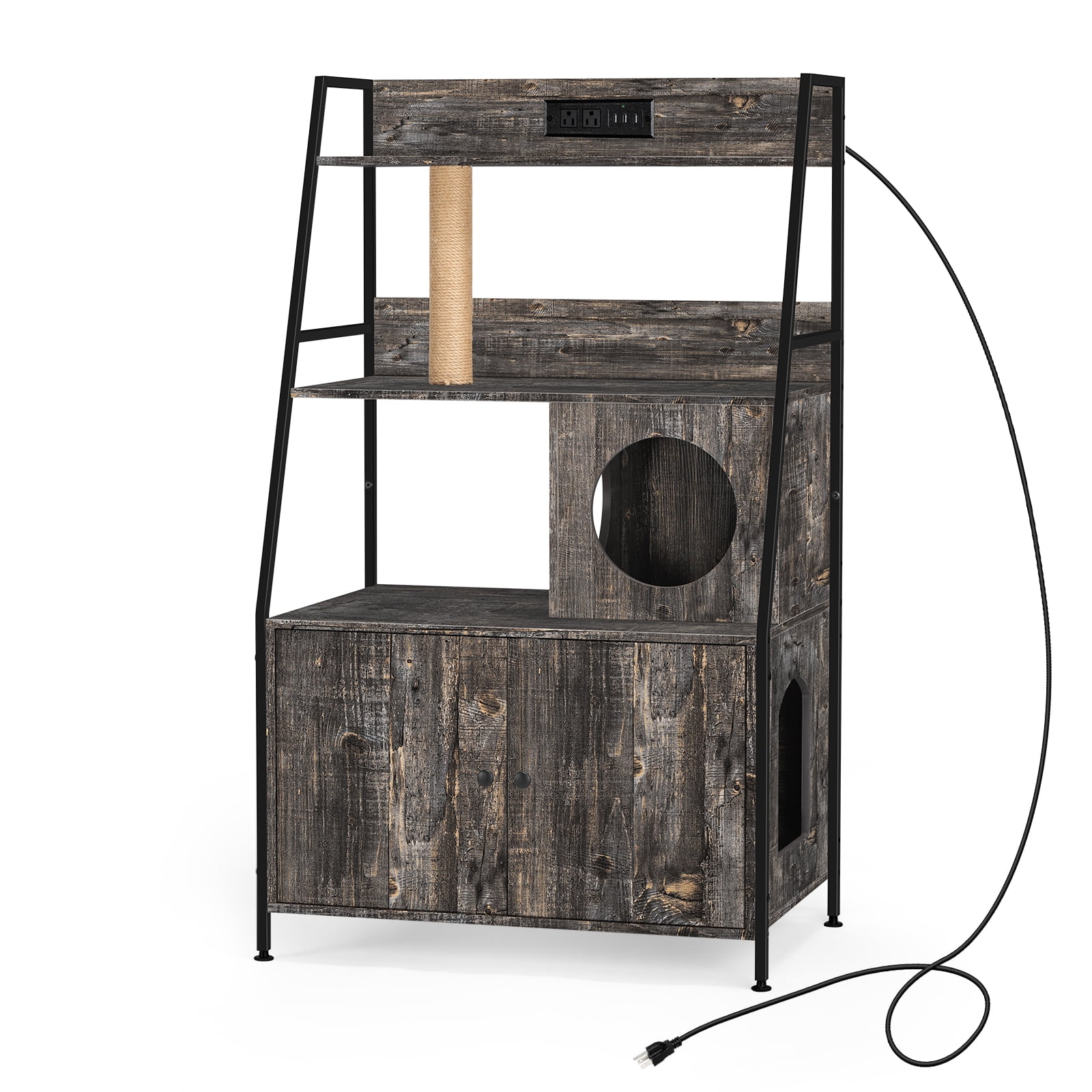 Nightstand Hidden Litter Box Side Table with Charging Post Gray