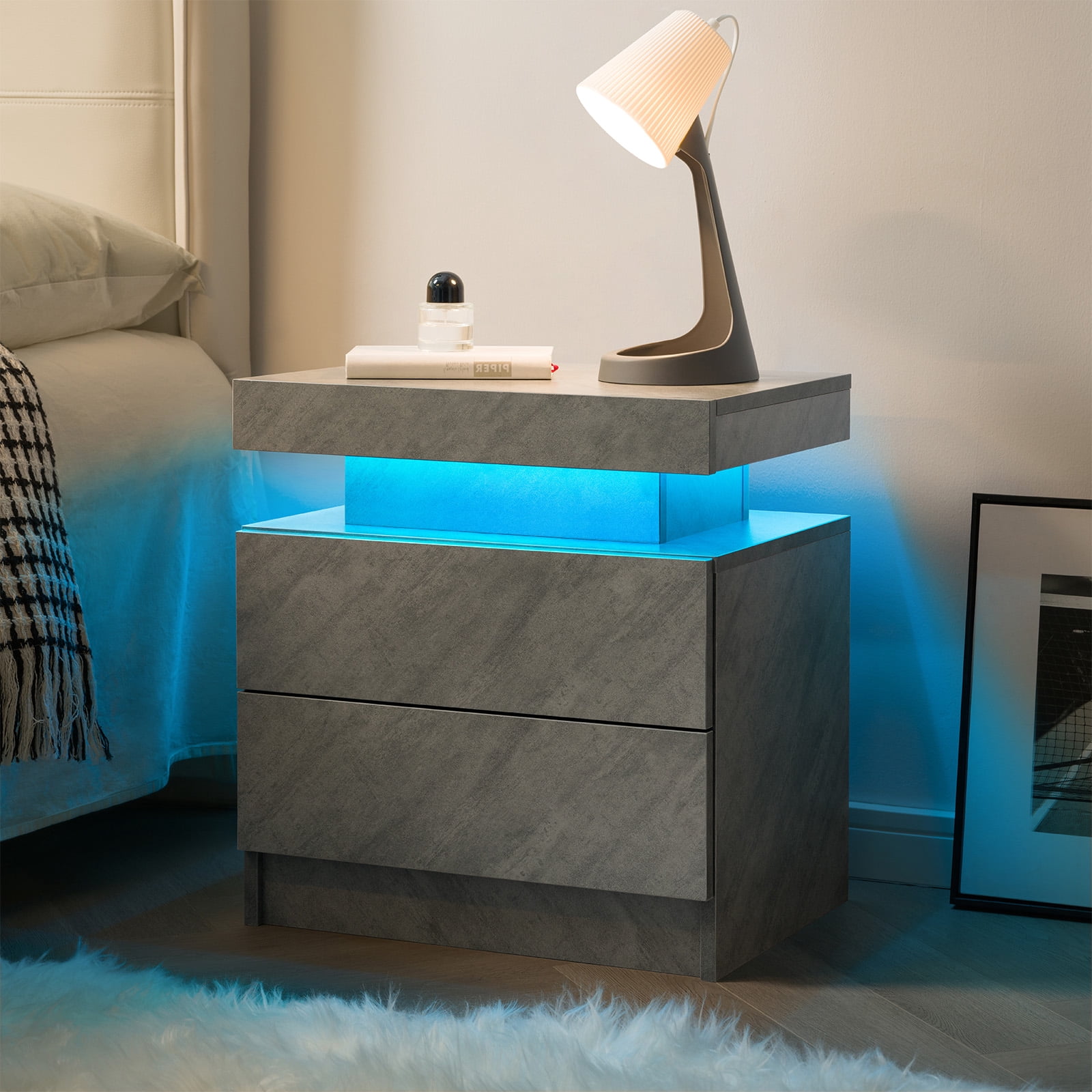 Nightstand LED Bedside Table Cabinet Lights Modern End Side with 2 Drawers for Bedroom (Deep Gray)