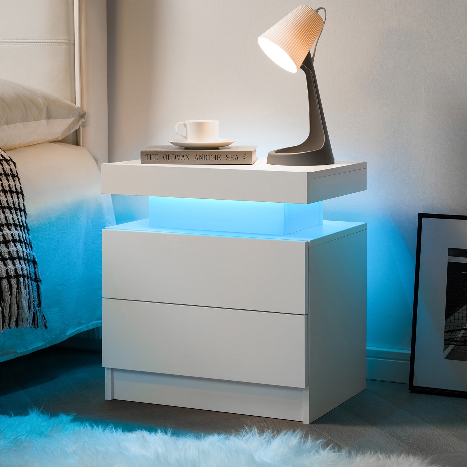 Nightstand LED Bedside Table Cabinet Lights Modern End Side with 2 Drawers for Bedroom (White)