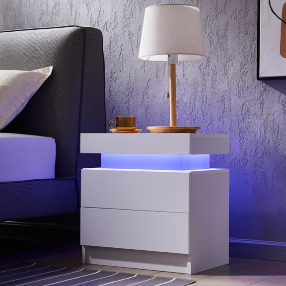 [Luckynote]Nightstand LED Bedside Table Cabinet Lights Modern End Side with 2 Drawers for Bedroom (White)