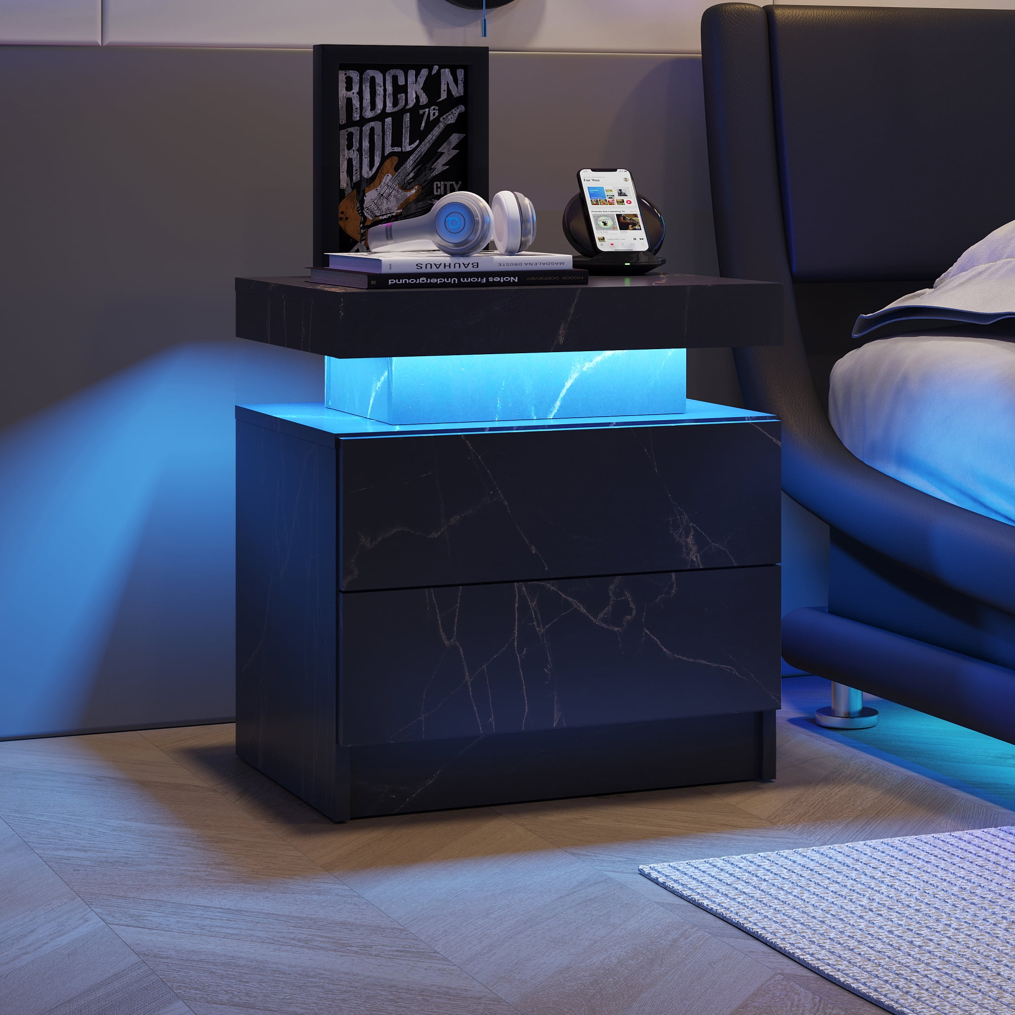 Nightstand LED Bedside Table Cabinet Lights Modern End Side with 2 Drawers for Bedroom