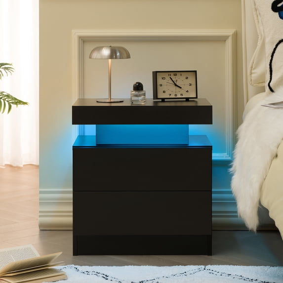 Nightstand LED Bedside Table with 2 Drawers Black