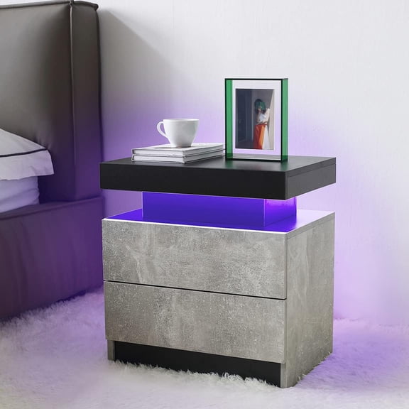 Nightstand LED Lights with 2 Drawers for Bedroom, Smart End Table Short Bedside Tables, Modern Side Table with Storage Small Shelf Stand Cabinet Lights End Side, Black+ Gray