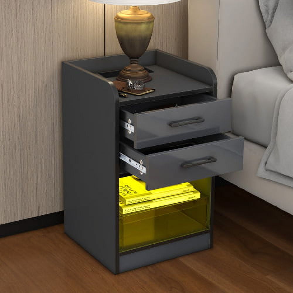 Nightstand with LED Lights and Charging Station, End Side Table with 2 Drawers and Storage