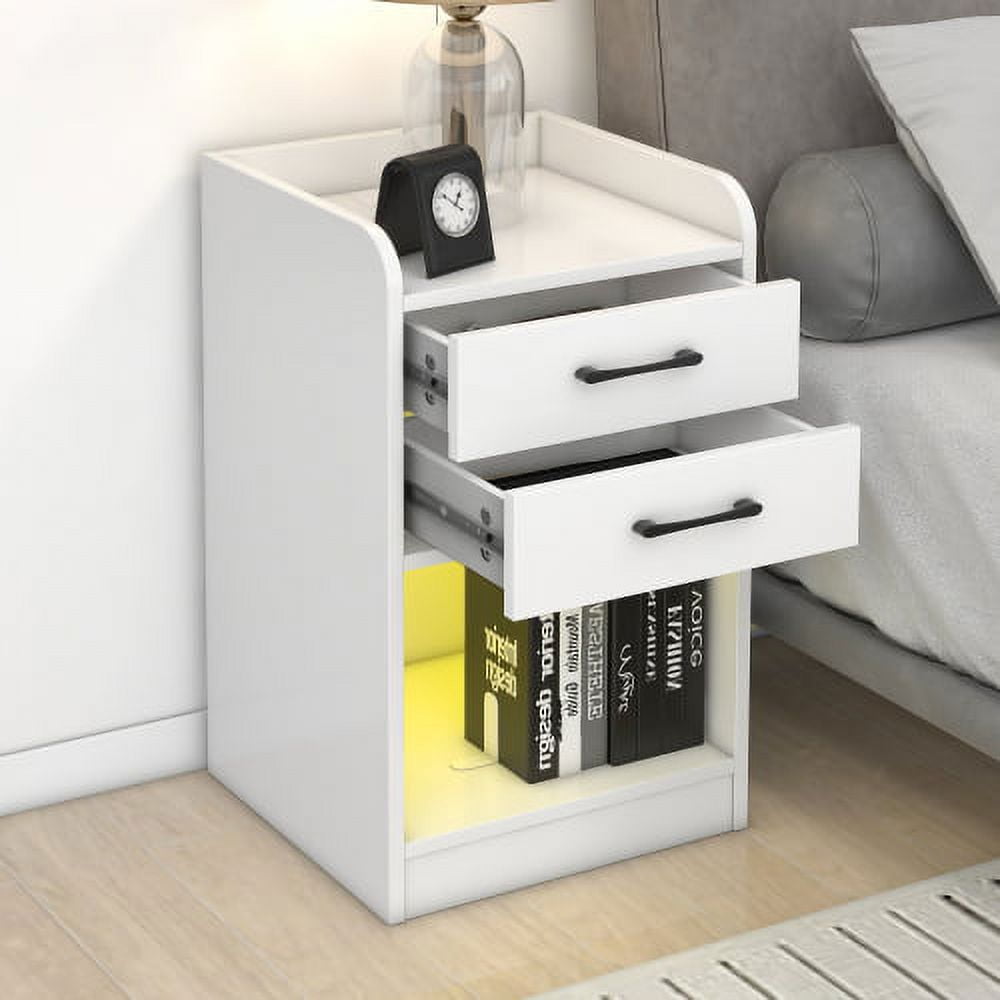 Nightstand with LED Lights and Charging Station, End Side Table with 2