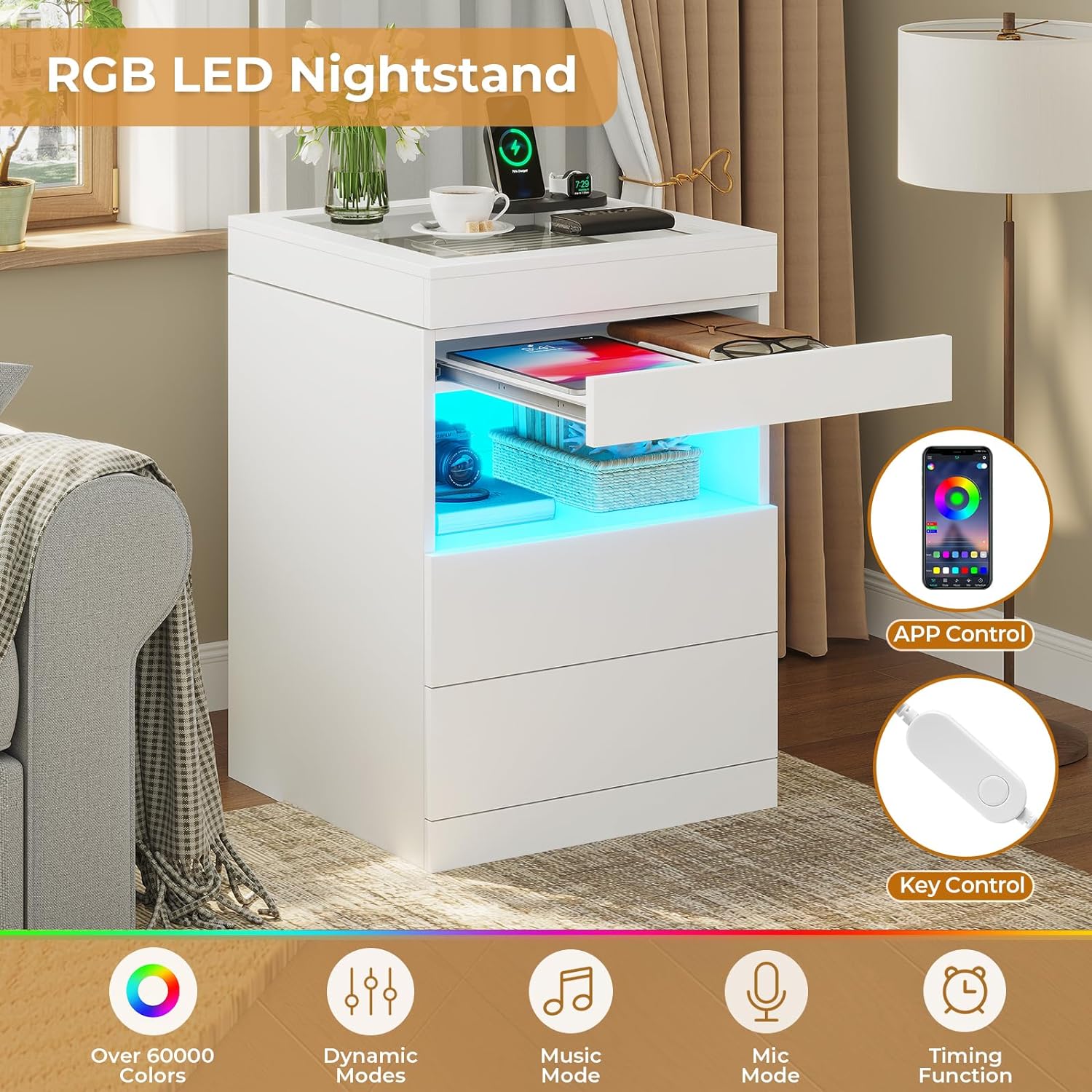 Nightstand with LED Lights&Charging Station, Wood Night Stands Bedside  Table with 2 Drawers&Glass Top&Jewelry Tray for Bedroom Living Room Office,  ...