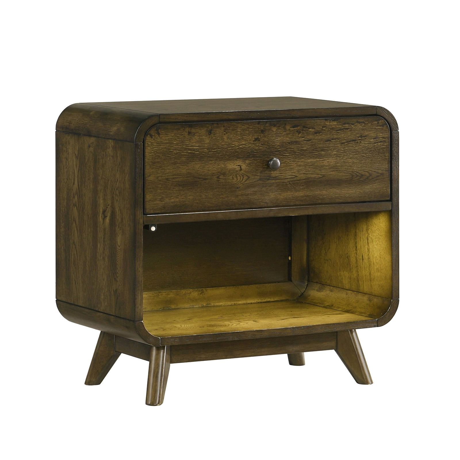 Nightstand LED Lights Side Glide Angled Legs Rustic Oak Finish Bedroom Furniture