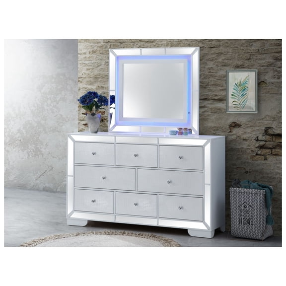 Nightstand with LED Mirror, Silver Champagne - Bedroom Furniture with Storage, Modern Accent Table with Mirror Accents, Wood Veneer & Solid Wood Frame