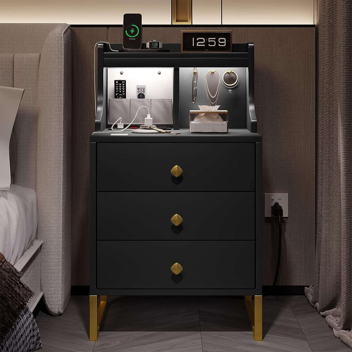 Nightstand With LED Sensor Light Charging Station Modern Night Stand   Nightstand LED Sensor Light Charging Station Modern Night Stand Hutch 3 Drawers Bedside Table End Side Shelf Hooks USBOutlets Black 515abc0c A7db 4fb2 A2d3 51600fb40f26.8539af889bc9f8a5d3d6ba64d0fc7f1f 